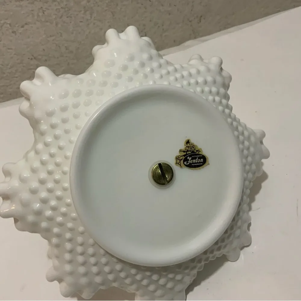 Fenton Vintage White Hobnail Ruffled Edge Milk Glass Candy Dish w/Silver Handle